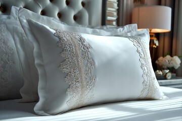 Aufkleber - Elegant decorative pillow on a luxurious bed in a stylish bedroom with soft lighting and chic decor