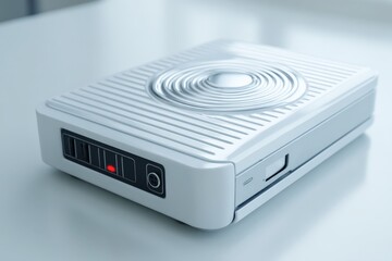 Poster - Innovative design of a sleek white external hard drive placed on a modern desk with minimalistic decor