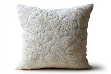 Aufkleber - Decorative white pillow with intricate floral embroidery displayed on a plain background