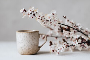 Poster - Coffee cup beside blooming cherry blossoms on a light wooden table in a serene indoor setting