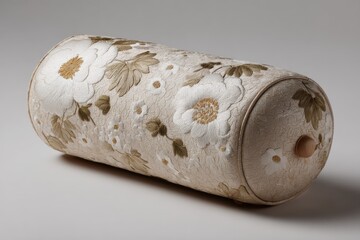 Aufkleber - Decorative cylindrical cushion with floral embroidery showcased on a neutral background