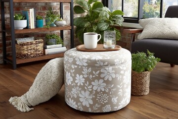 Poster - Cozy indoor setting with a floral ottoman, warm drink, and plants in a sunlit living room