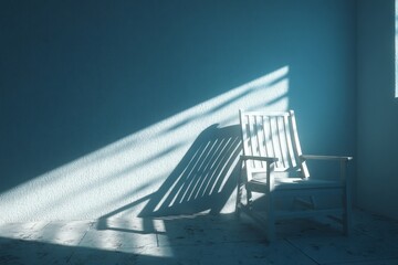 Poster - Sunlight streaming through a window casts shadows on a vintage wooden chair in a serene room