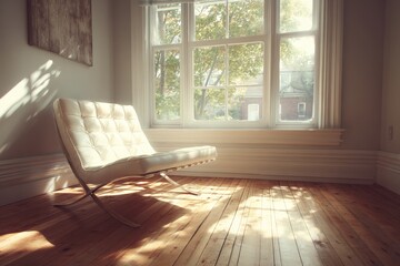 Poster - Bright and airy room with a modern chair and sunlight streaming through the window