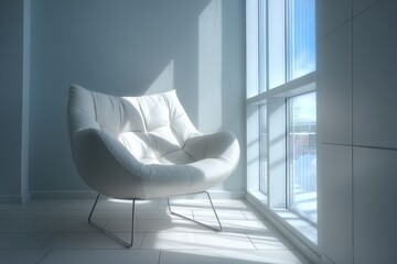Aufkleber - Relaxing white chair bathed in natural light by large windows in a bright minimalist room