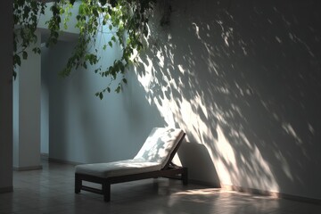 Poster - Sunlight filters through leaves to create patterns on a lounge chair in a serene indoor space during the afternoon