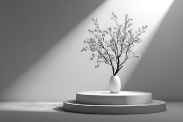 Poster - Elegant arrangement of blossoms in a minimalist setting with soft lighting and circular pedestal