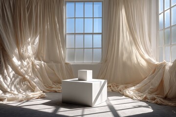 Aufkleber - Bright sunlight illuminates a minimalist room with flowing curtains and a central sculpture in a serene setting