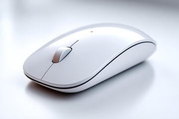 Poster - White wireless computer mouse resting on a smooth surface in a well-lit workspace showcasing modern technology and design