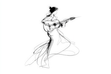 Poster - Elegant woman playing guitar in detailed line drawing style during a serene moment of music creation