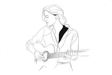 Poster - Young woman playing acoustic guitar in a minimalistic style drawing during a cozy afternoon