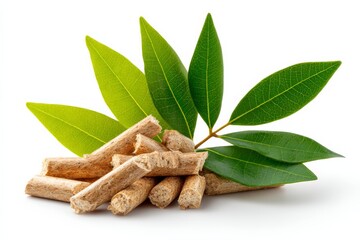 Poster - Fresh bay leaves and dried wood pieces arranged on a white surface for culinary and herbal use
