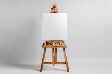 Poster - Blank canvas on wooden easel ready for painting in a bright, minimalist studio environment
