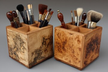 Poster - Unique wooden holders containing a variety of brushes and tools for artistic creation in a well-lit studio space