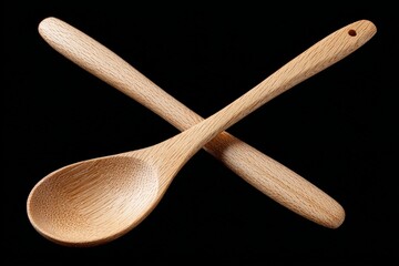 Poster - Wooden cooking utensils cross arrangement on black background highlighting artisan craftsmanship and kitchen tools for culinary enthusiasts