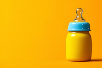 Aufkleber - Bright yellow baby bottle sits against a bold orange background, creating a cheerful and playful atmosphere in a simple setting