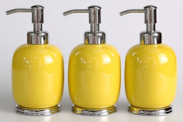 Poster - Bright yellow soap dispensers in a row on a clean surface perfect for modern bathrooms or kitchens