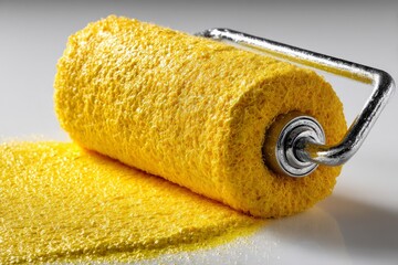 Aufkleber - Yellow paint roller resting on a smooth surface with vibrant yellow paint spilling out