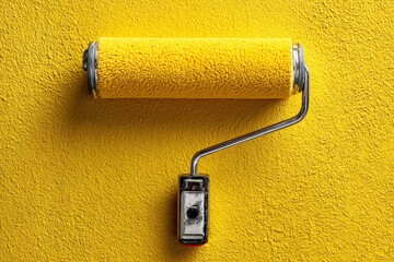 Poster - Bright yellow paint roller against a textured wall ready for painting