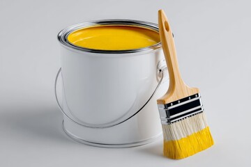Poster - Bright yellow paint in a can with brush ready for home improvement projects and DIY activities