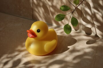 Poster - Yellow rubber duck resting on marble surface with shadows from nearby leaves in a well-lit space