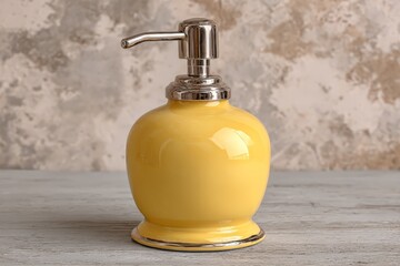 Poster - Elegant yellow soap dispenser on rustic wooden surface against textured wall setting