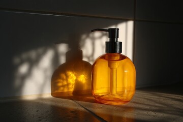 Poster - Orange bottle reflects sunlight in a serene bathroom setting, enhancing the peaceful atmosphere during late afternoon