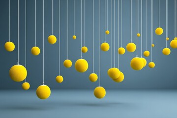 Poster - Hanging yellow spheres create a vibrant display in a minimalist setting with soft blue background