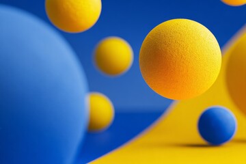 Leinwandbilder - Colorful spheres float in abstract arrangement against a bright blue and yellow background during a creative still life setup