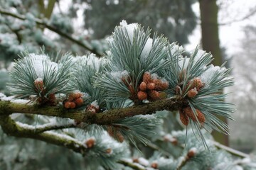 Poster - Frost-covered pine tree branches with cones during winter in a serene forest setting