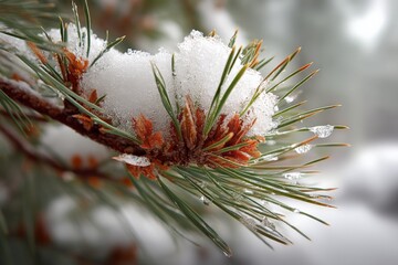 Poster - Snow-covered pine branch captures the beauty of winter in a serene forest setting