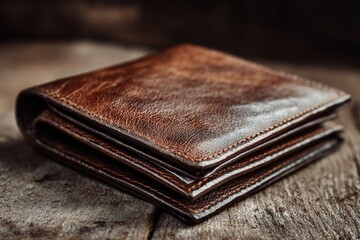Poster - High-quality brown leather wallet resting on rustic wooden surface