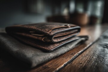 Poster - Vintage leather wallet resting on a textured fabric background in a cozy indoor setting during daylight