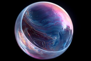 Poster - Colorful soap bubble with a swirl of vibrant hues floating against a dark background