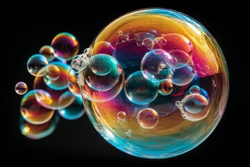 Aufkleber - Colorful soap bubbles floating gracefully against a dark background in a magical display of light and reflection