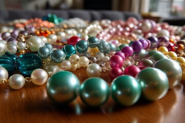 Aufkleber - Colorful assortment of handmade jewelry displayed on a wooden surface in a cozy room