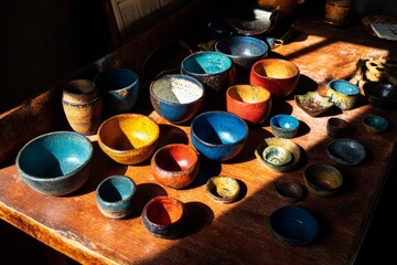 Aufkleber - Colorful handmade pottery displayed on a wooden table in a warm sunlit room