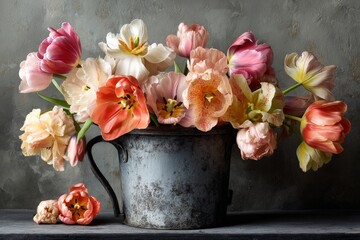 Poster - Beautifully arranged tulips and flowers in a vintage metal bucket displayed on a wooden surface