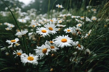Poster - Daisies bloom abundantly in a lush meadow during early morning light in a tranquil natural setting