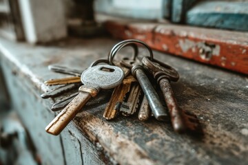 Poster - Collection of vintage keys on a rustic wooden surface with hints of age and character captured in natural light