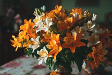 Poster - Bright orange and white flowers in a decorative vase on a table in a cozy indoor setting
