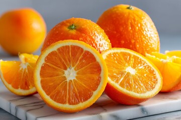 Poster - Freshly sliced oranges on a marble surface with whole oranges in the background during daytime