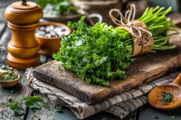 Poster - Fresh parsley bundle on wooden cutting board with spices and kitchen utensils in rustic setting