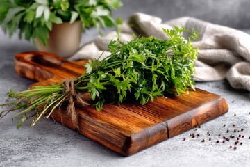 Poster - Freshly harvested cilantro placed on a rustic wooden cutting board with a soft linen cloth nearby in a kitchen setting