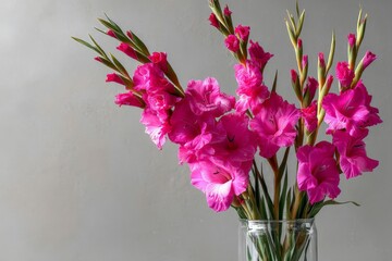 Poster - Bright pink gladiolus flowers arranged in a glass vase against a neutral background for a vibrant floral display