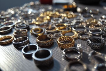 Poster - Variety of gold and silver rings displayed on a wooden surface with intricate designs and patterns