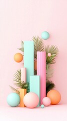 Leinwandbilder - Pastel 3D Render of Geometric Shapes and Tropical Leaves