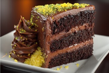 Poster - Chocolate cake served on a white plate with yellow sprinkles alongside a swirl of chocolate frosting