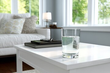 Poster - Clear glass of water on a white table in a bright living room near a large window with greenery outside