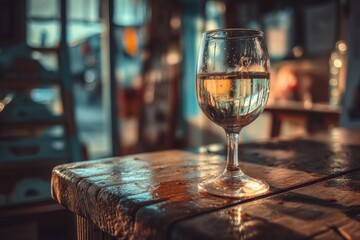 Poster - Golden wine glass catching sunlight on wooden table in cozy indoor setting during late afternoon